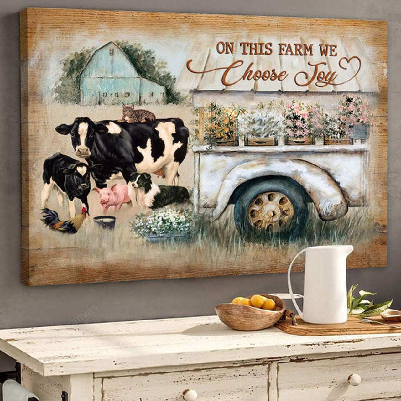 Farm Animals Flower Car Peaceful Life Gift For Farm Lover On This Farm We Choose Joy Canvas Wall Art - Christian Wall Decor