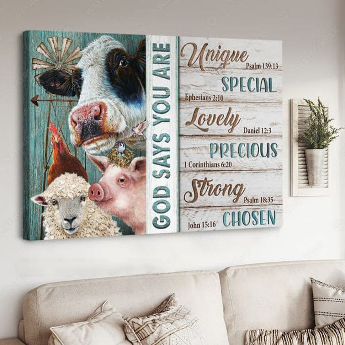 Farmer Poster, Sheep Pig Dairy Cow, God Says You Are Unique Special Lovely Precious Strong Chosen Forgiven, Wall Decor Poster and Canvas