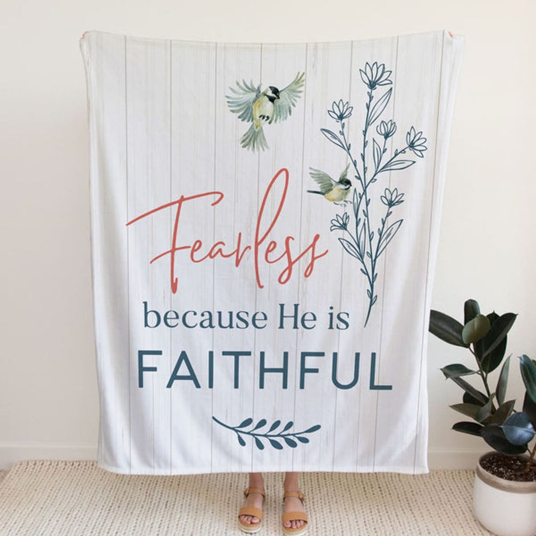 FUNSTUFFPRINT Fearless Because He Is Faithful Fleece Blanket - Christian Blanket - Bible Verse Blanket
