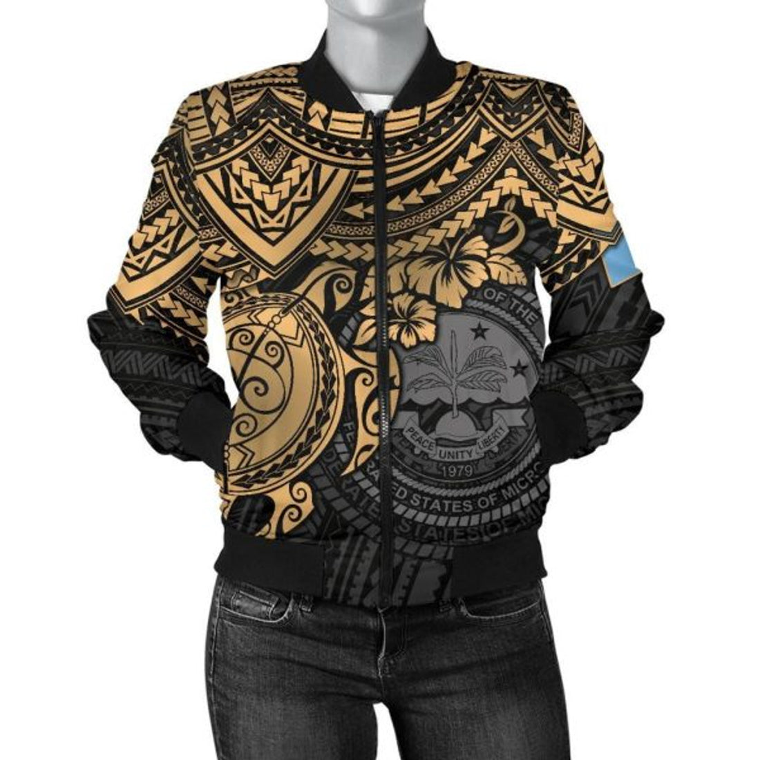 FUNSTUFFPRINT Federated States Of Micronesia Bomber Jacket (Women) - Golden Turtle 3D Bomber Jacket