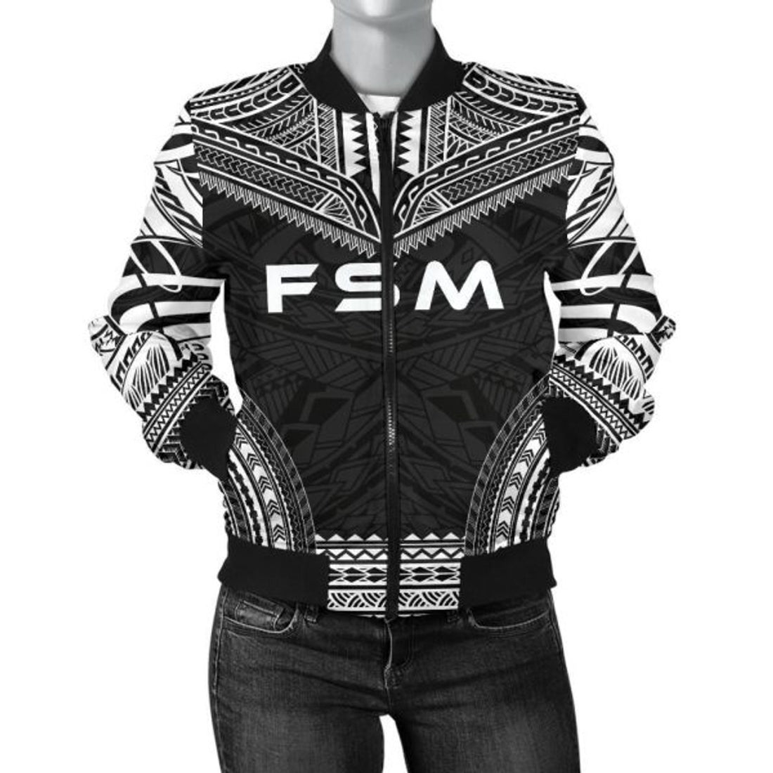 FUNSTUFFPRINT Federated States Of Micronesia Polynesian Chief Women'S Bomber Jacket - Black Version 3D Bomber Jacket