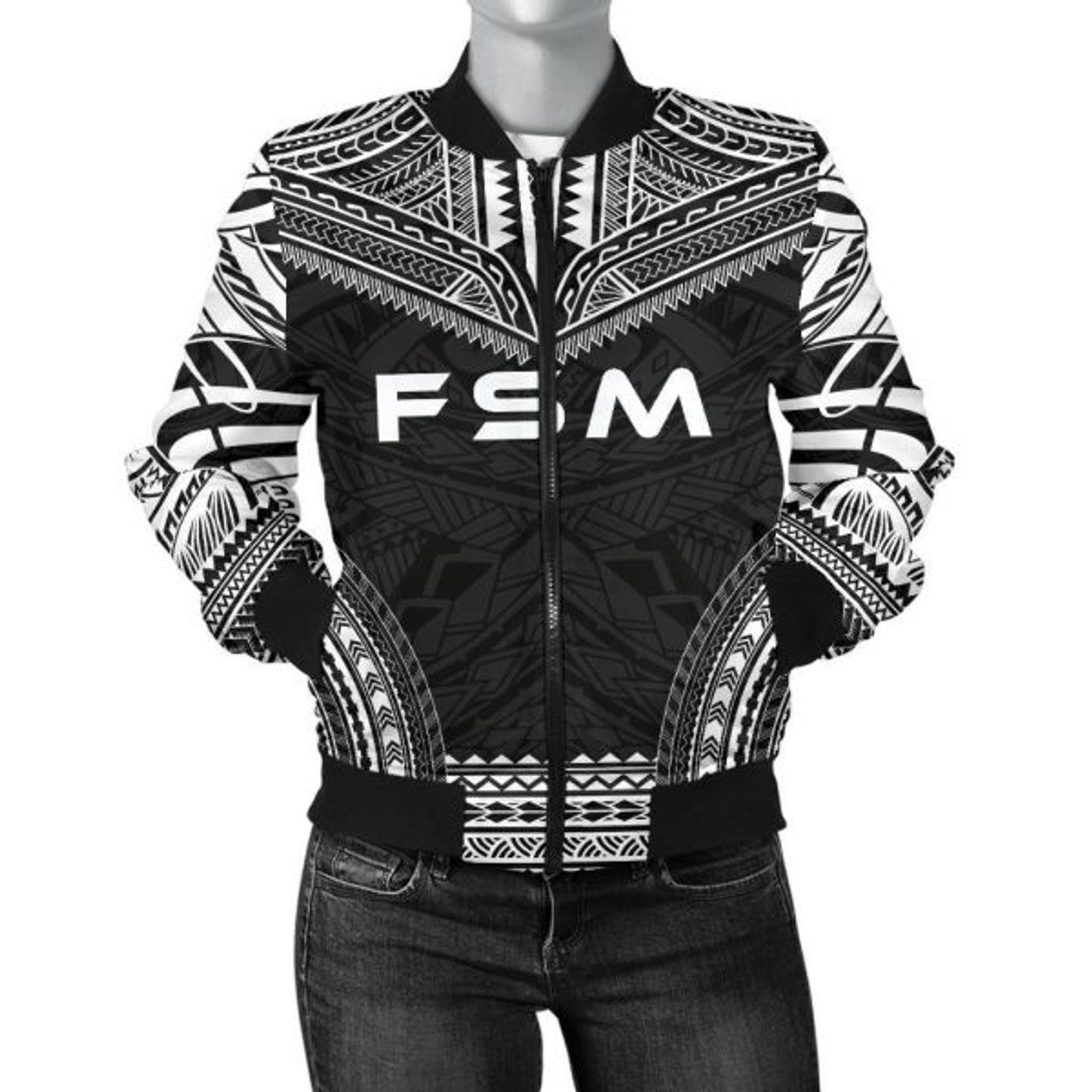 FUNSTUFFPRINT Federated States Of Micronesia Polynesian Chief Women'S Bomber Jacket - Black Version 3D Bomber Jacket