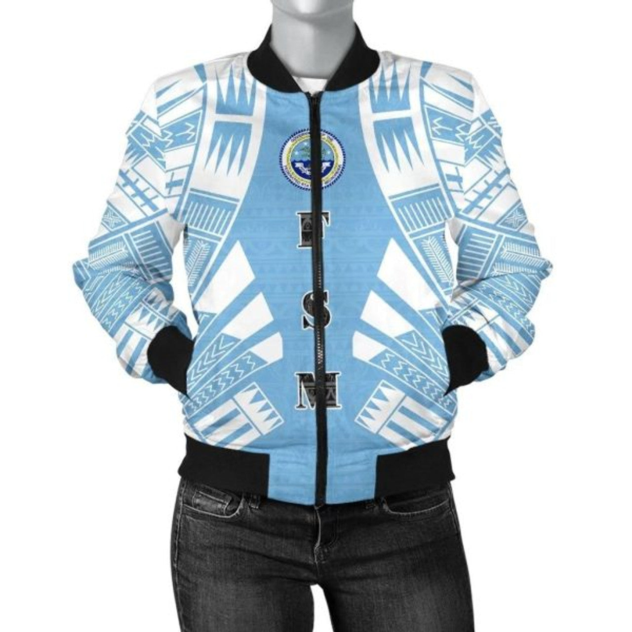 FUNSTUFFPRINT Federated States Of Micronesia Women Bomber Jacket - Polynesian Tattoo Flag 3D Bomber Jacket