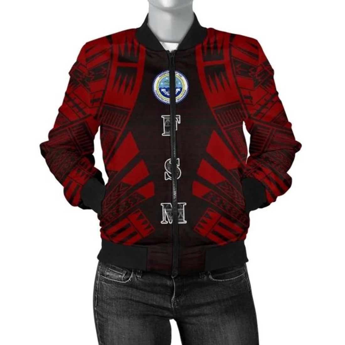 FUNSTUFFPRINT Federated States Of Micronesia Women Bomber Jacket - Polynesian Tattoo Red 3D Bomber Jacket