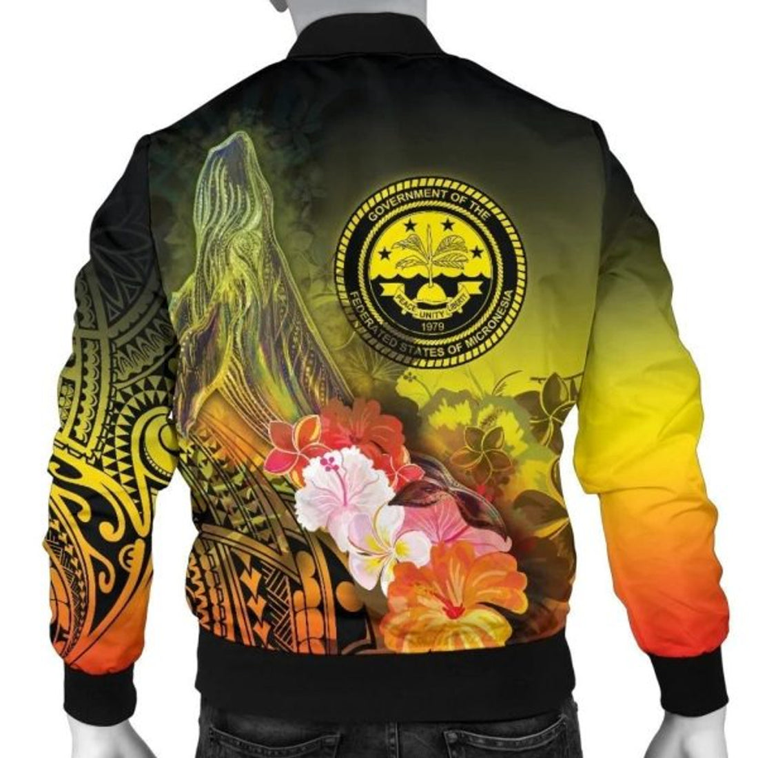 FUNSTUFFPRINT Federated States of Micronesia Custom Personalised Men's Bomber Jackets - Humpback Whale with Tropical Flowers (Yellow) 3D Bomber Jacket
