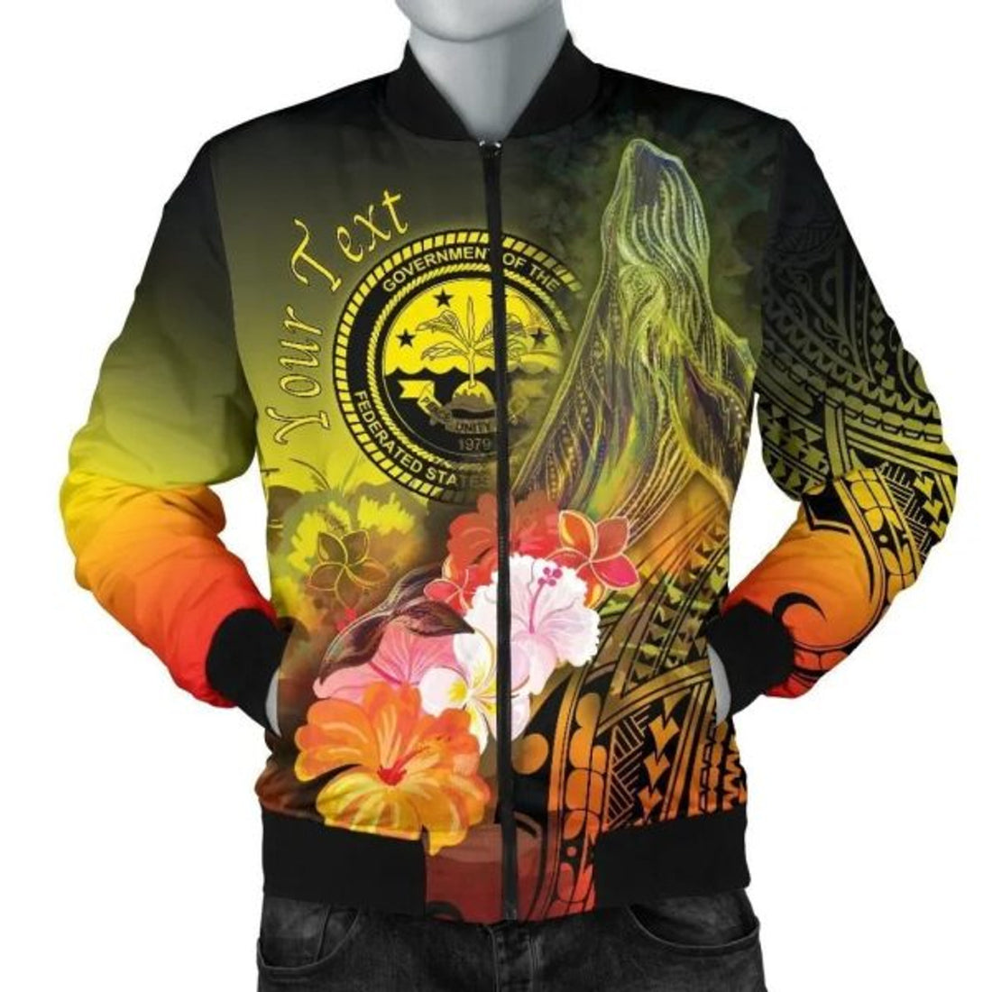 FUNSTUFFPRINT Federated States of Micronesia Custom Personalised Men's Bomber Jackets - Humpback Whale with Tropical Flowers (Yellow) 3D Bomber Jacket