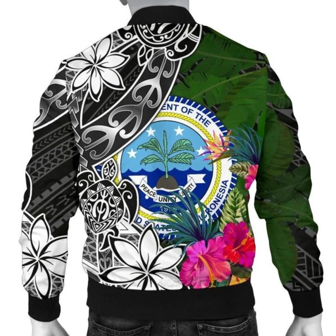 FUNSTUFFPRINT Federated States of Micronesia Men Bomber Jacket - Turtle Plumeria Banana Leaf 3D Bomber Jacket