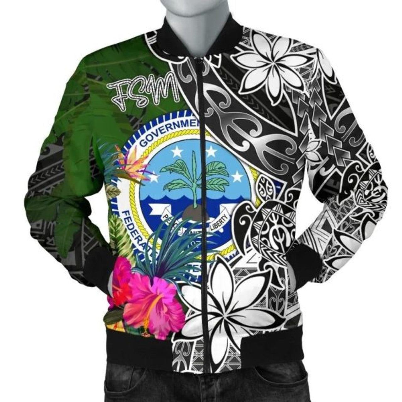 FUNSTUFFPRINT Federated States of Micronesia Men Bomber Jacket - Turtle Plumeria Banana Leaf 3D Bomber Jacket