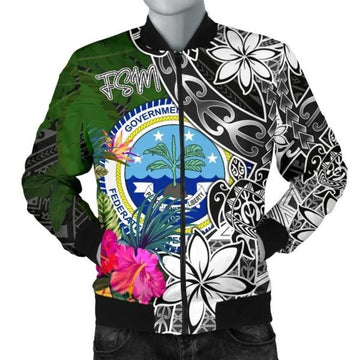 FUNSTUFFPRINT Federated States of Micronesia Men Bomber Jacket - Turtle Plumeria Banana Leaf 3D Bomber Jacket