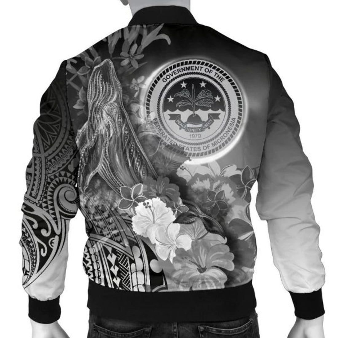 FUNSTUFFPRINT Federated States of Micronesia Men's Bomber Jackets - Humpback Whale with Tropical Flowers (White) 3D Bomber Jacket