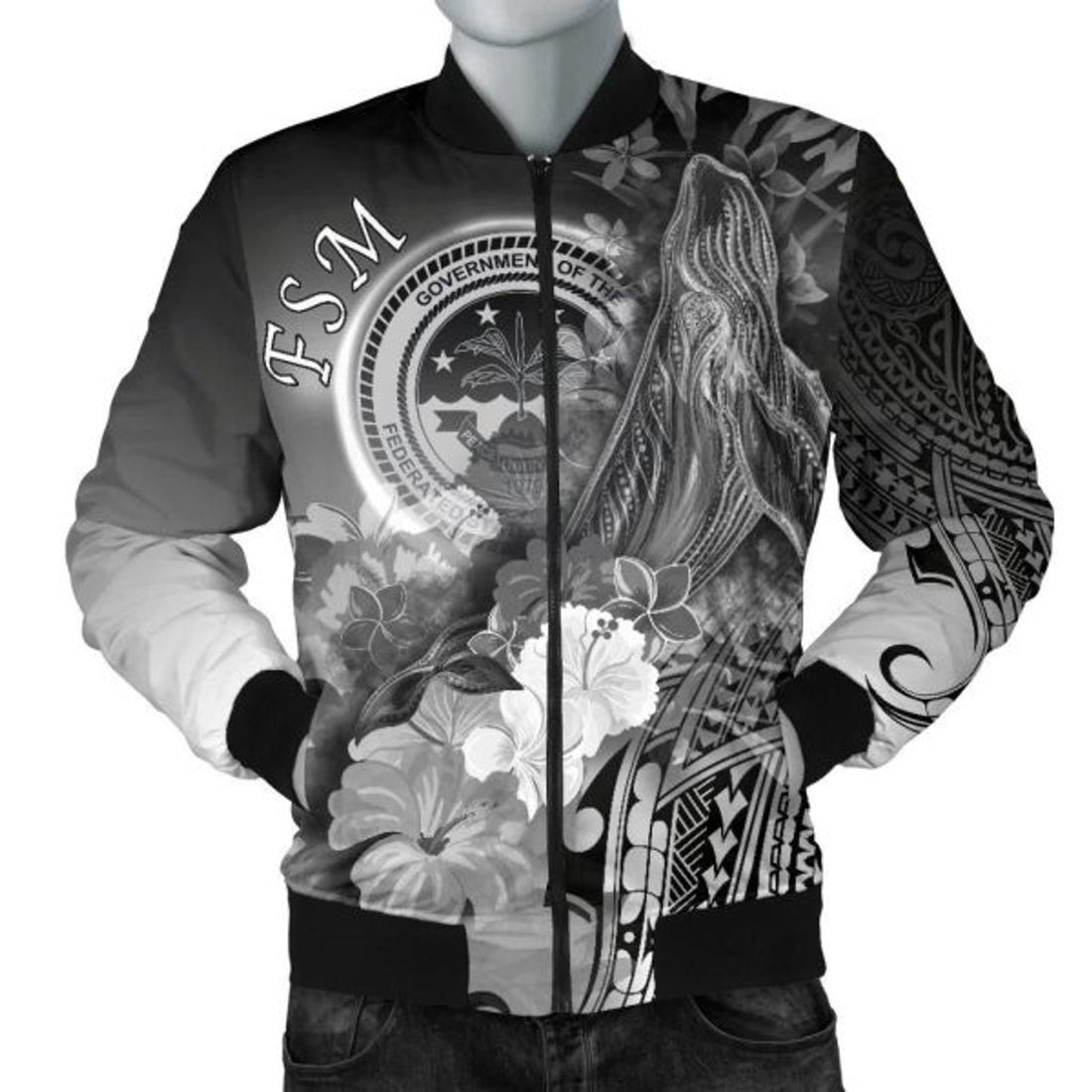 FUNSTUFFPRINT Federated States of Micronesia Men's Bomber Jackets - Humpback Whale with Tropical Flowers (White) 3D Bomber Jacket