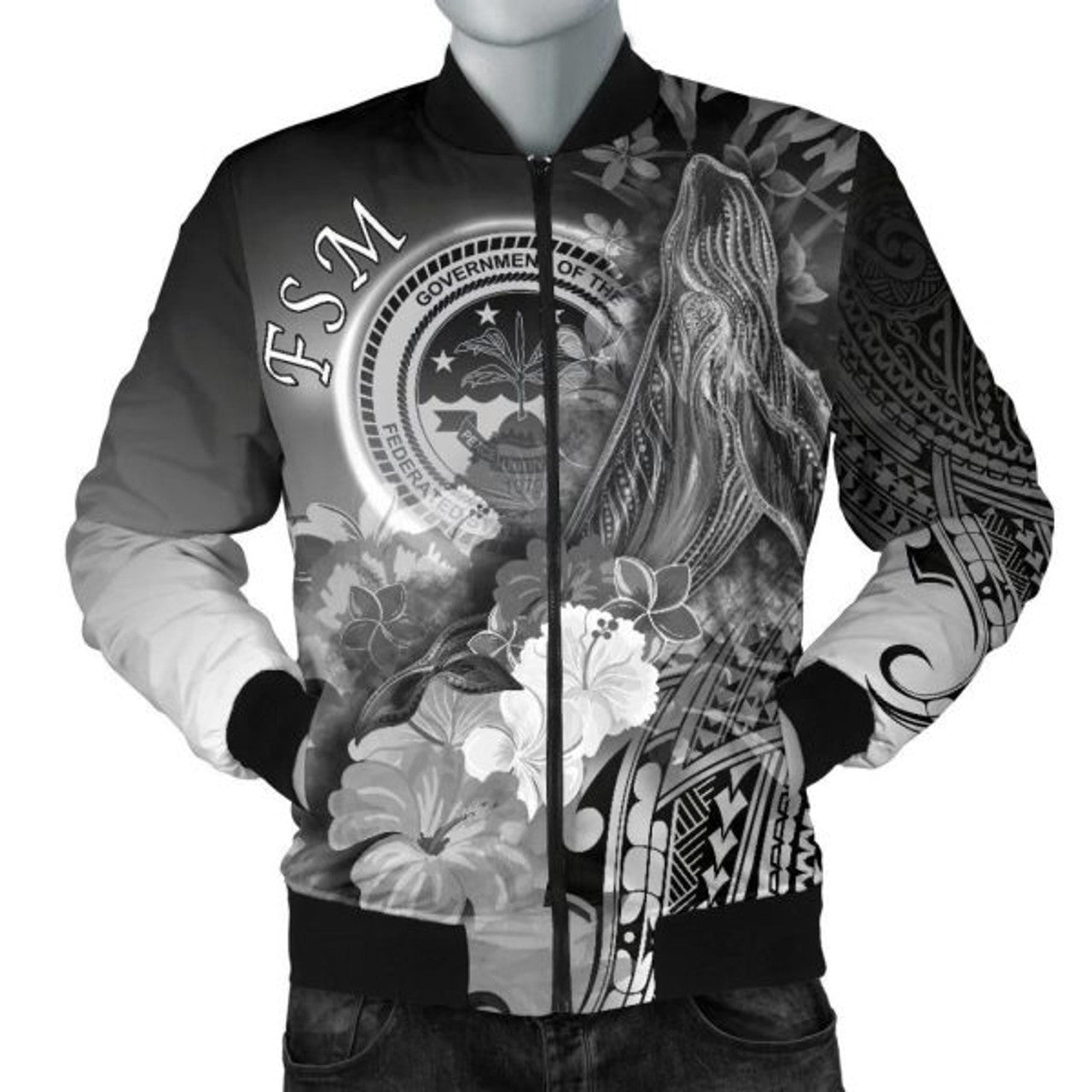 FUNSTUFFPRINT Federated States of Micronesia Men's Bomber Jackets - Humpback Whale with Tropical Flowers (White) 3D Bomber Jacket