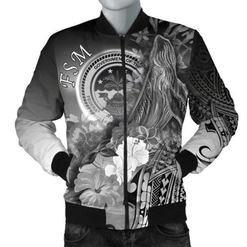 FUNSTUFFPRINT Federated States of Micronesia Men's Bomber Jackets - Humpback Whale with Tropical Flowers (White) 3D Bomber Jacket