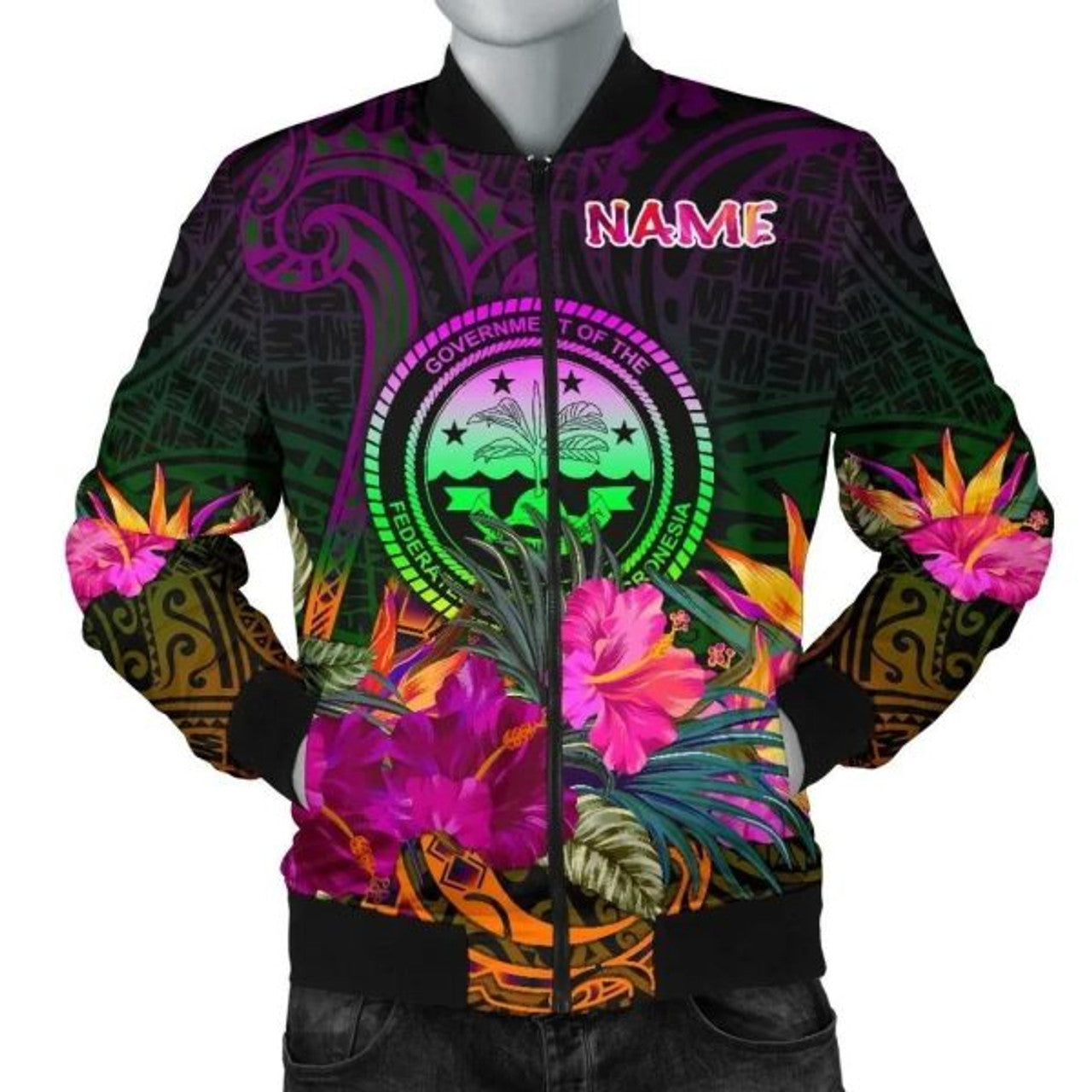 FUNSTUFFPRINT Federated States of Micronesia Personalised Men's Bomber jacket - Summer Hibiscus 3D Bomber Jacket