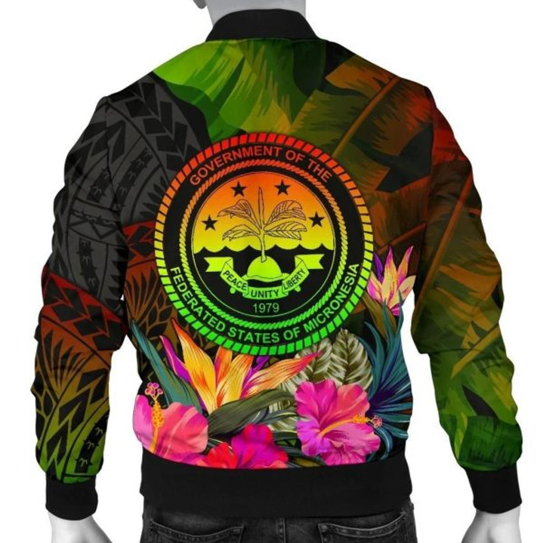 FUNSTUFFPRINT Federated States of Micronesia Polynesian Men's Bomber Jacket - Hibiscus and Banana Leaves 3D Bomber Jacket