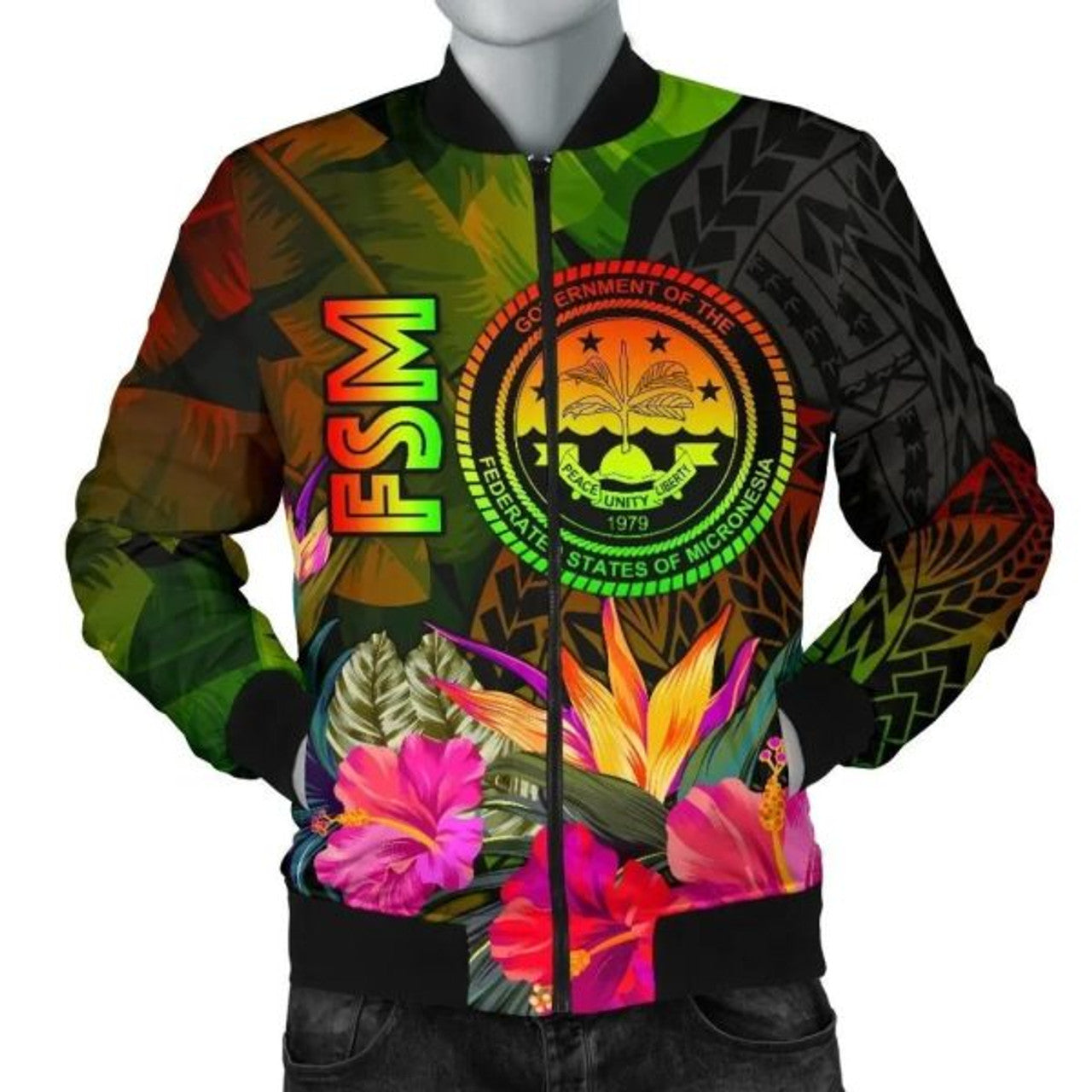 FUNSTUFFPRINT Federated States of Micronesia Polynesian Men's Bomber Jacket - Hibiscus and Banana Leaves 3D Bomber Jacket