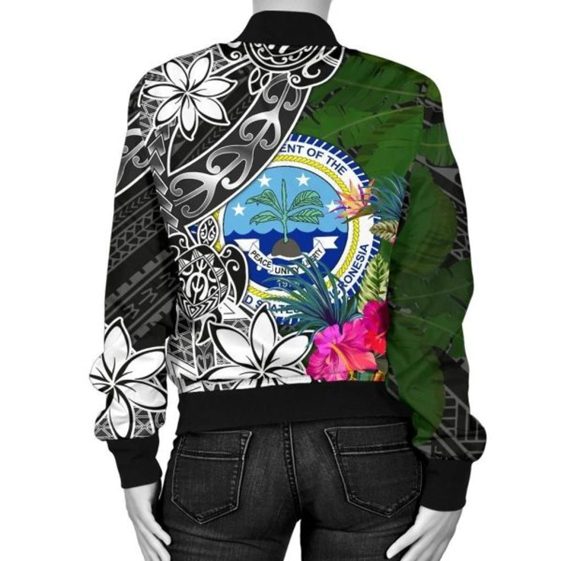 FUNSTUFFPRINT Federated States of Micronesia Women Bomber Jacket - Turtle Plumeria Banana Leaf 3D Bomber Jacket