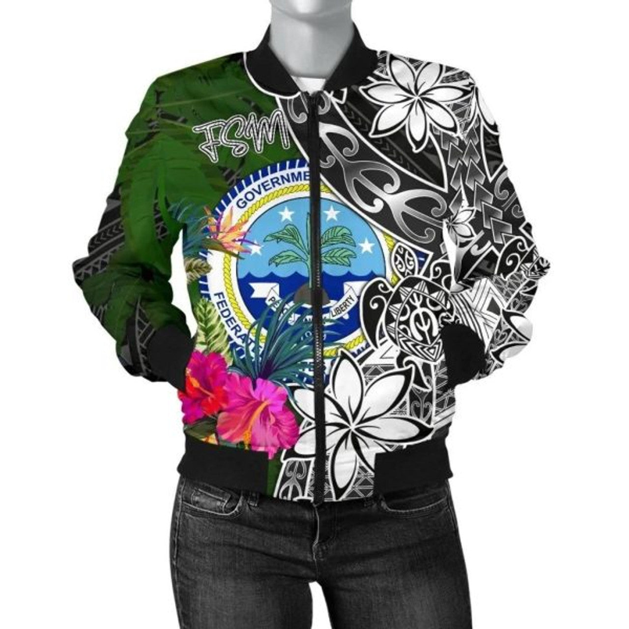 FUNSTUFFPRINT Federated States of Micronesia Women Bomber Jacket - Turtle Plumeria Banana Leaf 3D Bomber Jacket
