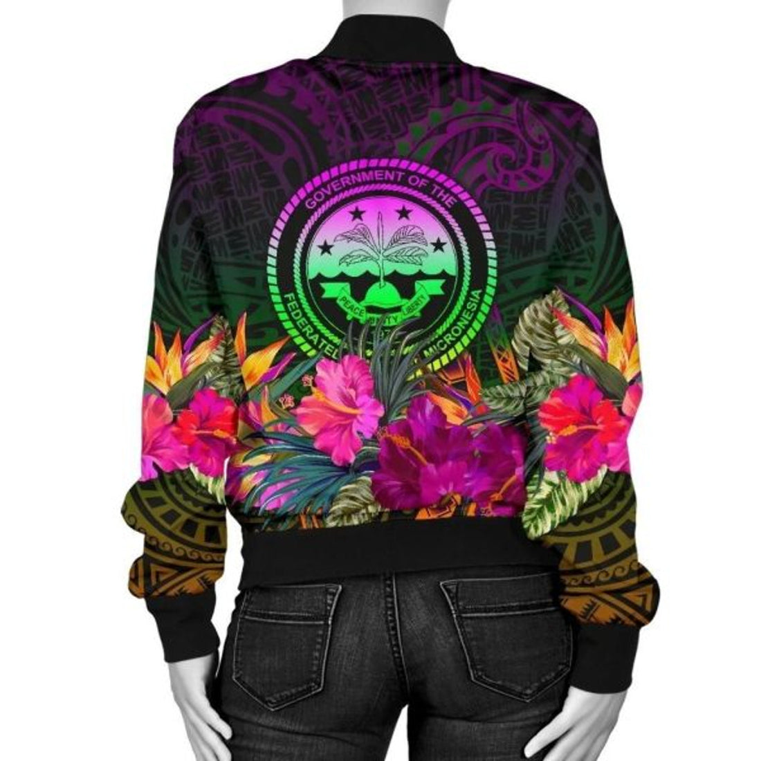 FUNSTUFFPRINT Federated States of Micronesia Women's Bomber Jacket - Summer Hibiscus 3D Bomber Jacket
