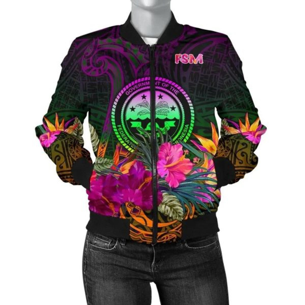 FUNSTUFFPRINT Federated States of Micronesia Women's Bomber Jacket - Summer Hibiscus 3D Bomber Jacket