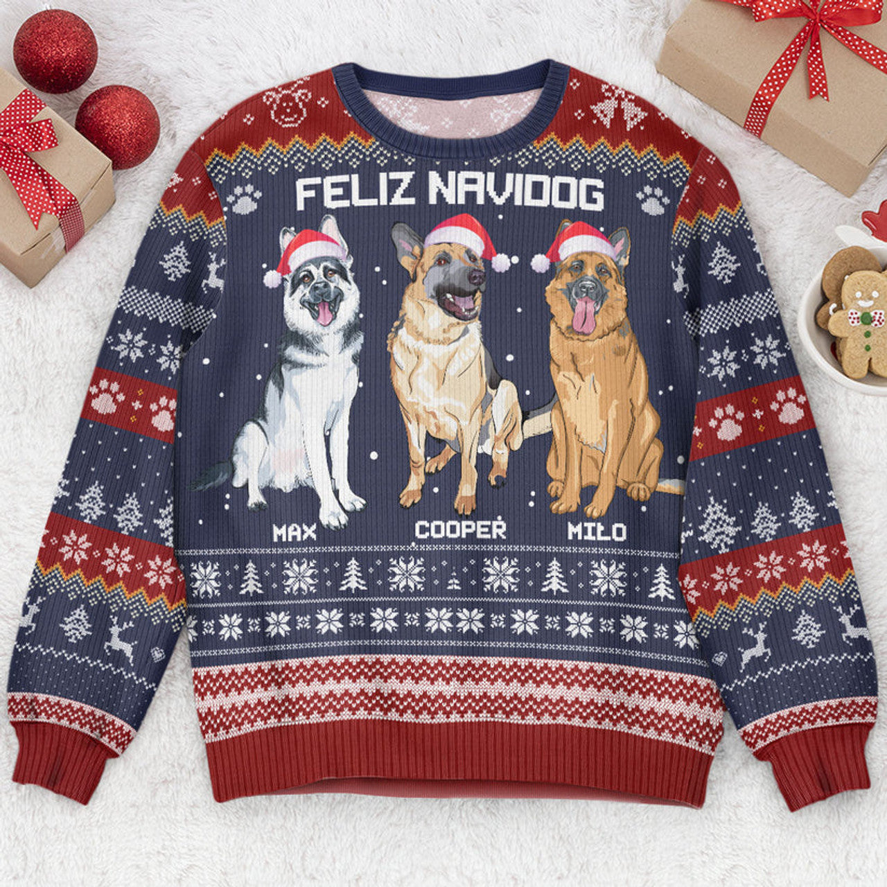 FUNSTUFFPRINT Custom Feliz Navidog German Shepherd Dog Lovers Ugly Sweater