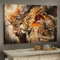 Female Knight Praying To Jesus Lion Of Judah Canvas Wall Art - Jesus Canvas Pictures - Christian Wall Posters