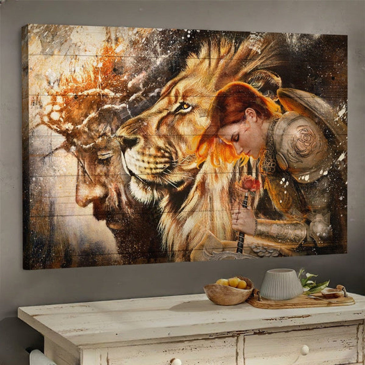 Female Knight Praying To Jesus Lion Of Judah Canvas Wall Art - Jesus Canvas Pictures - Christian Wall Posters