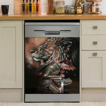 Female Warrior Kneel And Lion Of Judah Dishwasher Cover, Christian Home Decor, Religious Kitchen Decor