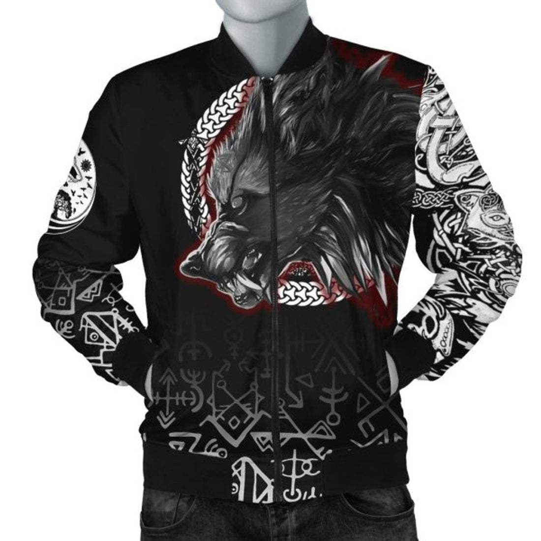 FUNSTUFFPRINT Fenrir Blood Bomber Jacket - Tattoo Style 3D Bomber Jacket