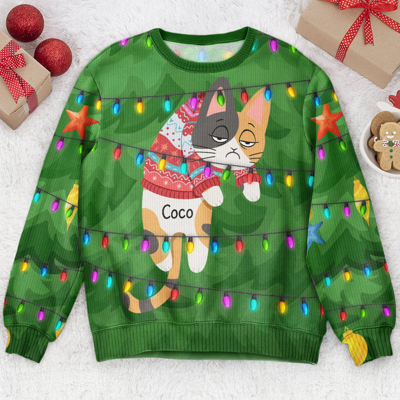 FUNSTUFFPRINT Custom Festive Feline Tangle Ugly Sweater