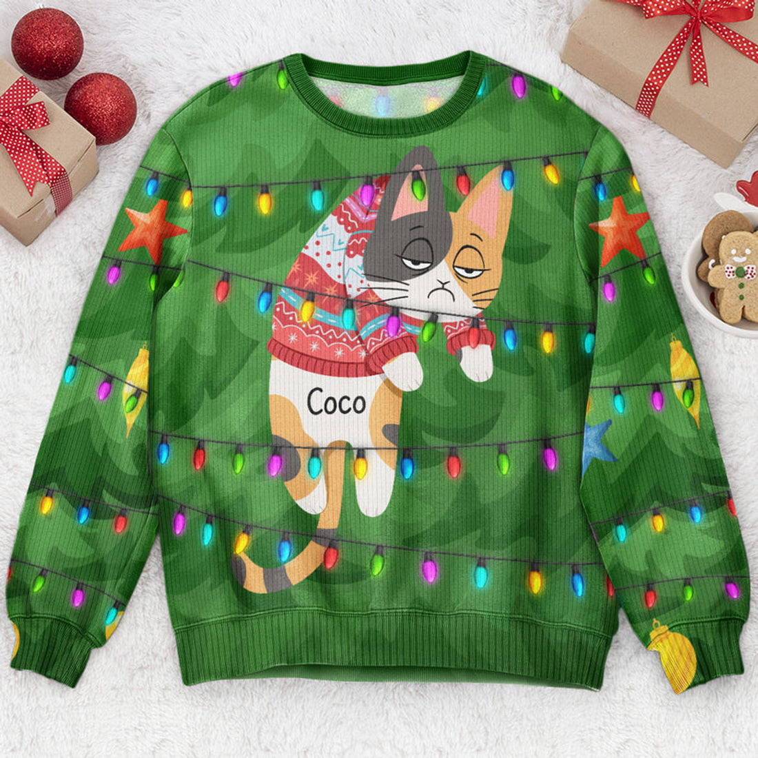 FUNSTUFFPRINT Custom Festive Feline Tangle Ugly Sweater