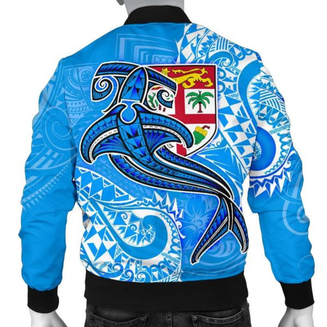 FUNSTUFFPRINT Fiji Men's Bomber Jacket - Blue Shark Polynesian Tattoo 3D Bomber Jacket