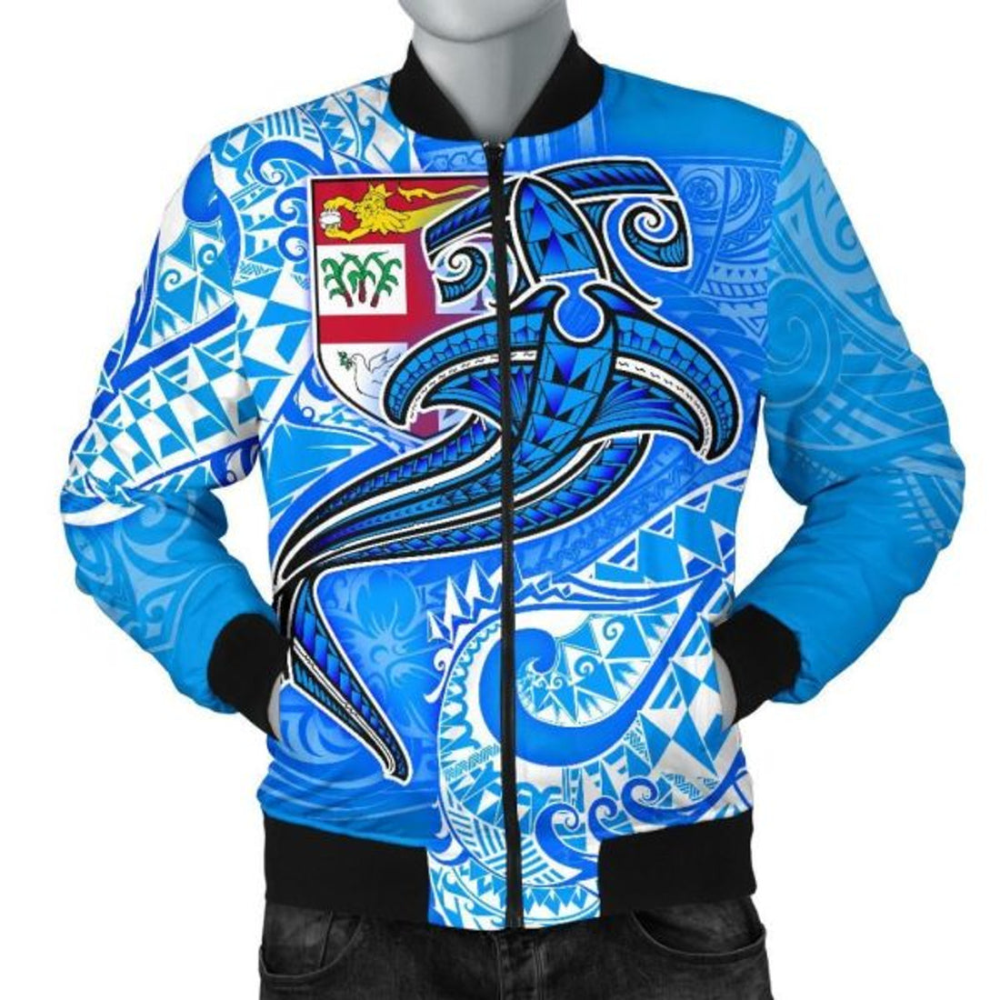 FUNSTUFFPRINT Fiji Men's Bomber Jacket - Blue Shark Polynesian Tattoo 3D Bomber Jacket