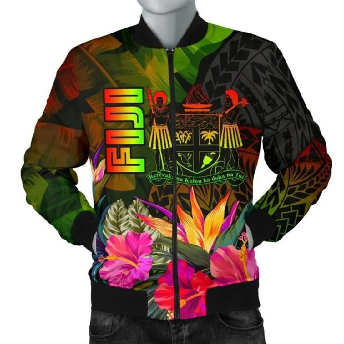 FUNSTUFFPRINT Fiji Polynesian Men's Bomber Jacket - Hibiscus and Banana Leaves 3D Bomber Jacket