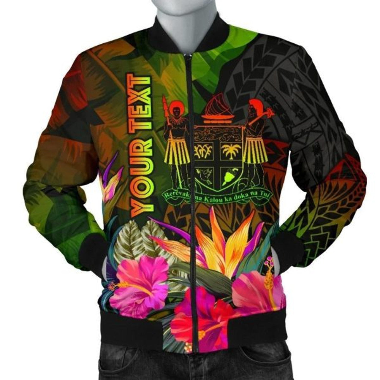 FUNSTUFFPRINT Fiji Polynesian Personalised Men's Bomber Jacket - Hibiscus and Banana Leaves 3D Bomber Jacket