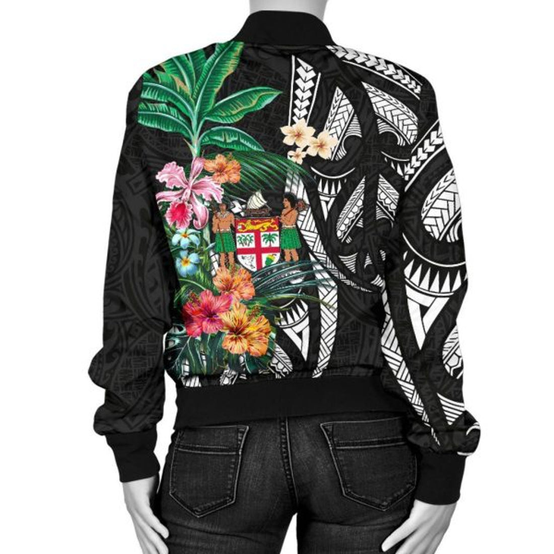 FUNSTUFFPRINT Fiji Women's Bomber Jacket Coat Of Arms Polynesian With Hibiscus 3D Bomber Jacket