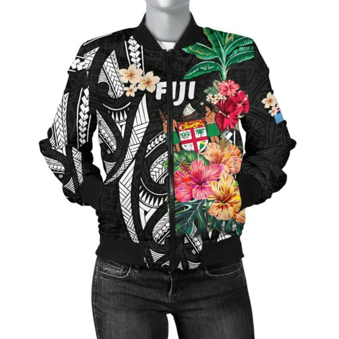FUNSTUFFPRINT Fiji Women's Bomber Jacket Coat Of Arms Polynesian With Hibiscus 3D Bomber Jacket