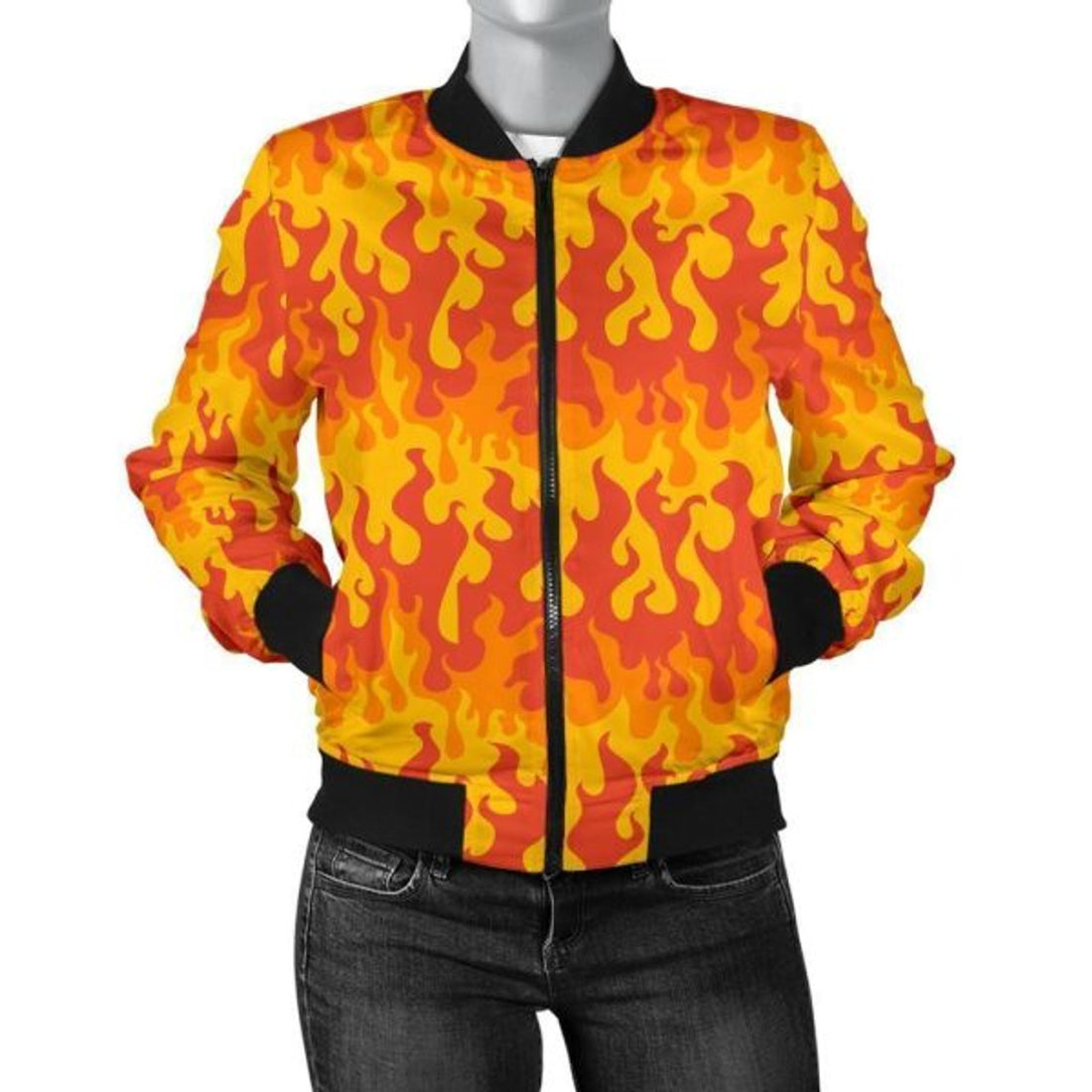 FUNSTUFFPRINT Fire Flame Print Pattern Women Casual 3D Bomber Jacket
