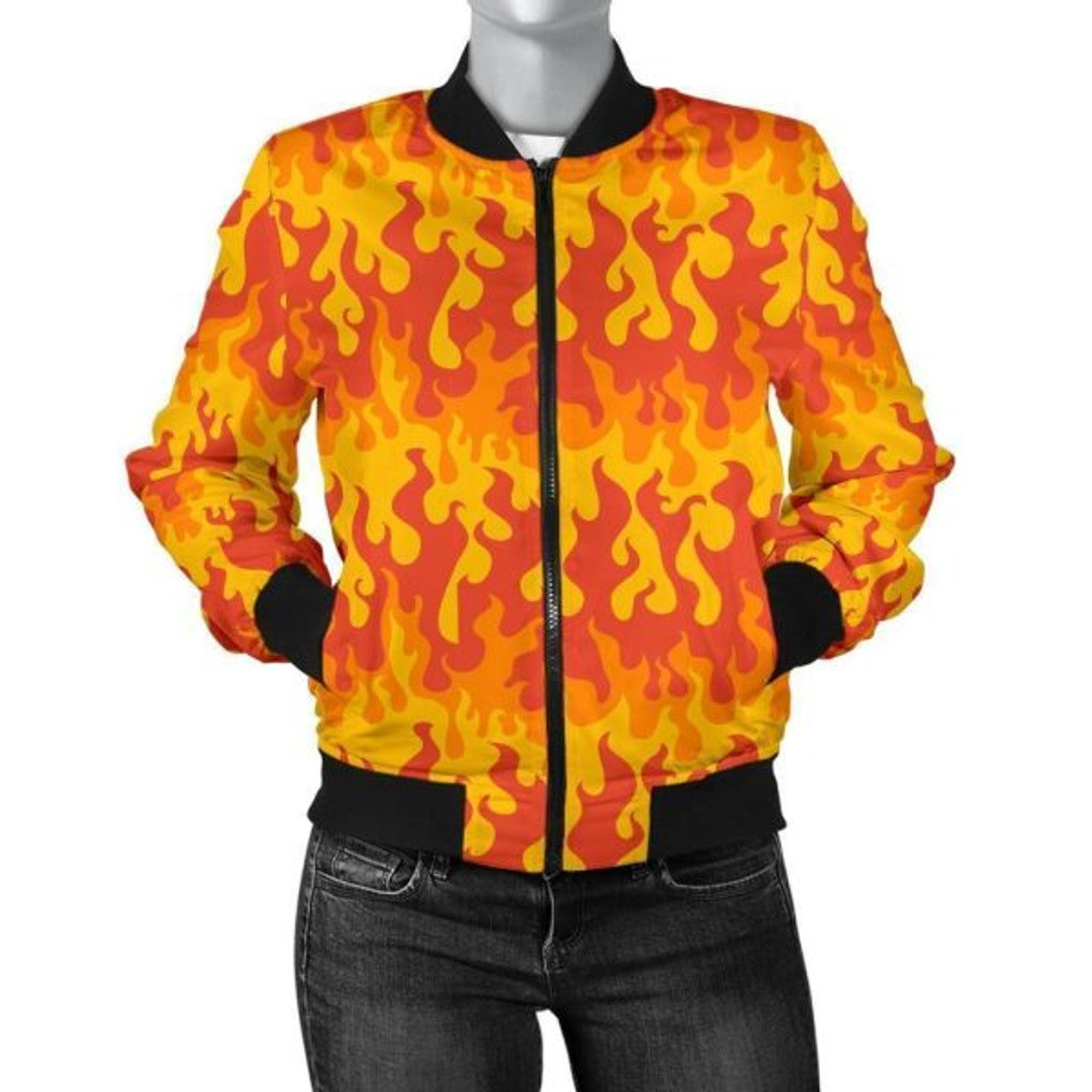 FUNSTUFFPRINT Fire Flame Print Pattern Women Casual 3D Bomber Jacket