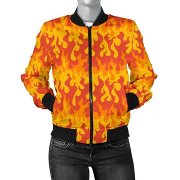 FUNSTUFFPRINT Fire Flame Print Pattern Women Casual 3D Bomber Jacket