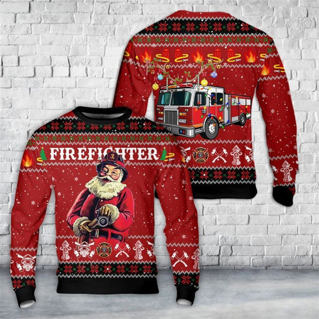 FUNSTUFFPRINT Firefighter Santa Claus Ugly Christmas Sweater For Men And Women, Best Gift For Christmas, The Beautiful Winter Christmas Outfit Ugly Sweater