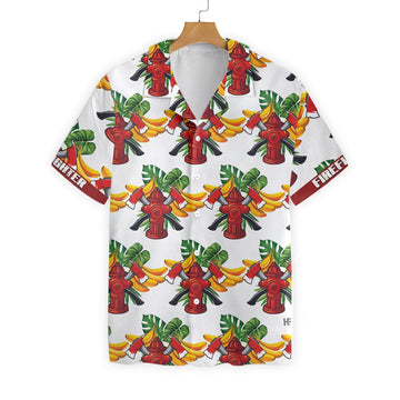 Custom Firefighter Tropical Banana Pattern Custom Hawaiian Shirt, Personalized Cross Axes Firefighter Hawaiian Shirt For Men
