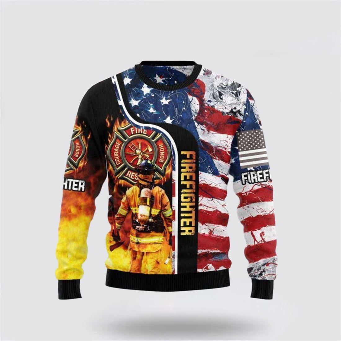 FUNSTUFFPRINT Firefighter USA Flag Ugly Christmas Sweater – Christmas Gifts For Firefighters Ugly  Sweater