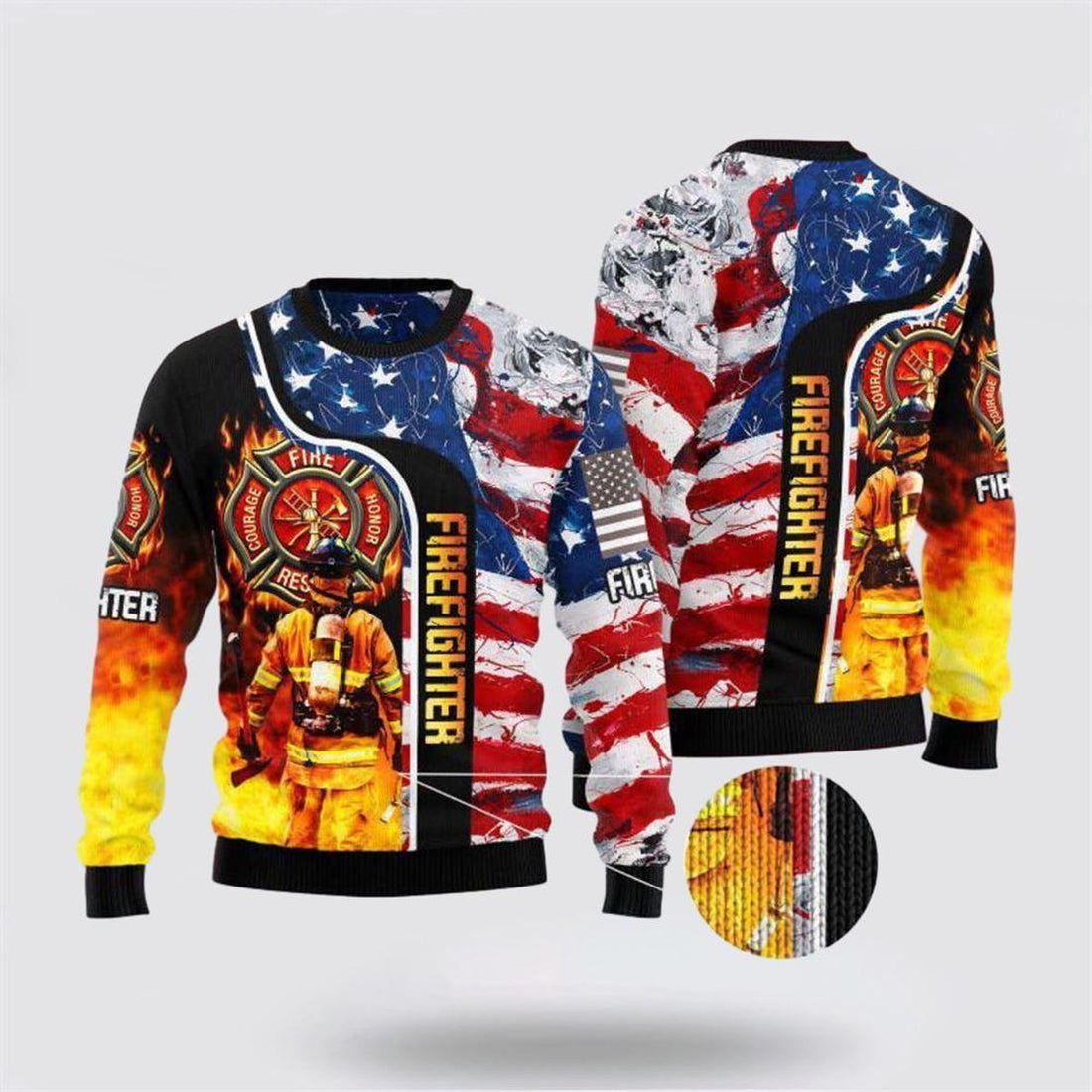 FUNSTUFFPRINT Firefighter USA Flag Ugly Christmas Sweater – Christmas Gifts For Firefighters Ugly  Sweater