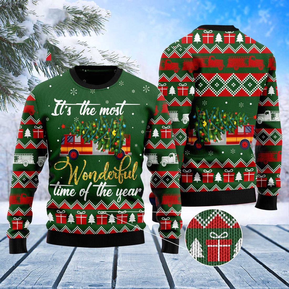 FUNSTUFFPRINT Firefighter Wonderful Time Ugly Christmas Sweater, Christmas Sweater, Ugly Sweater, Funny Xmas Sweaters Ugly Sweater