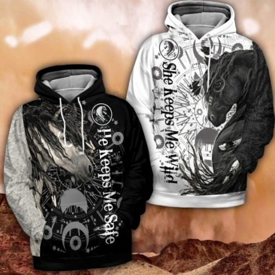 FUNSTUFFPRINT Matching Horse Couple 3D All Over Hoodie He Keeps Me Safe She Keeps Me Wild 3D Hoodie and Zip Hoodie