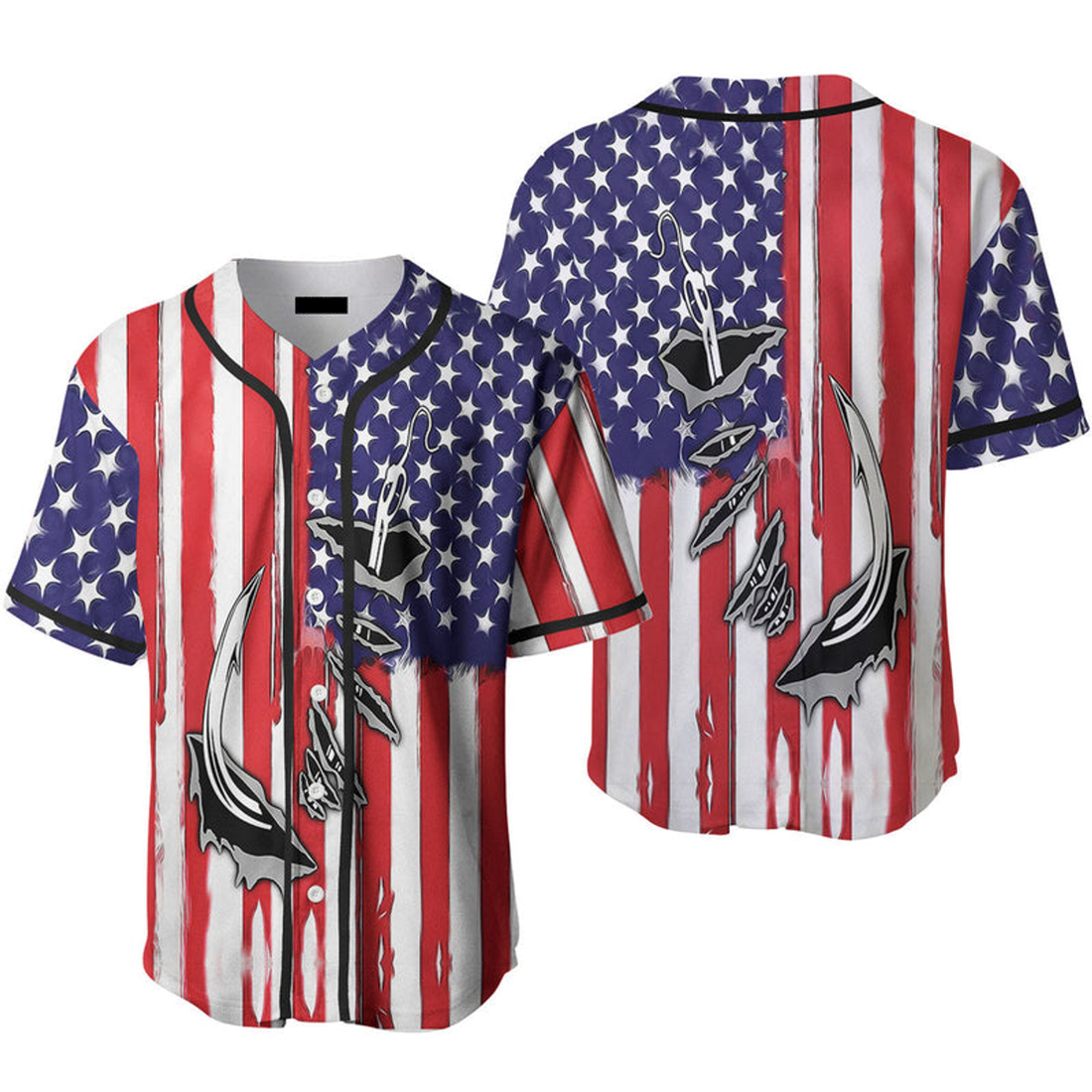 Fish Hook American Flag Baseball Jersey , Idea Gift for Men & Women