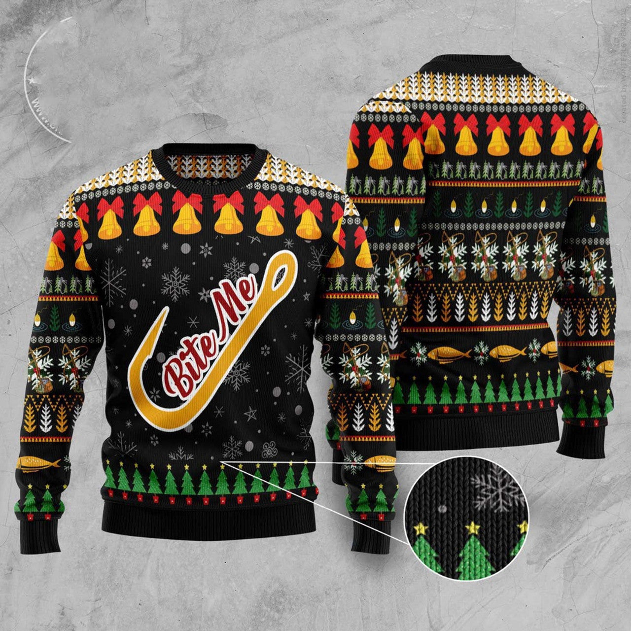 FUNSTUFFPRINT Fishing Bite Me Ugly Christmas Sweater, Christmas Sweater, Ugly Sweater, Funny Xmas Sweaters Ugly Sweater