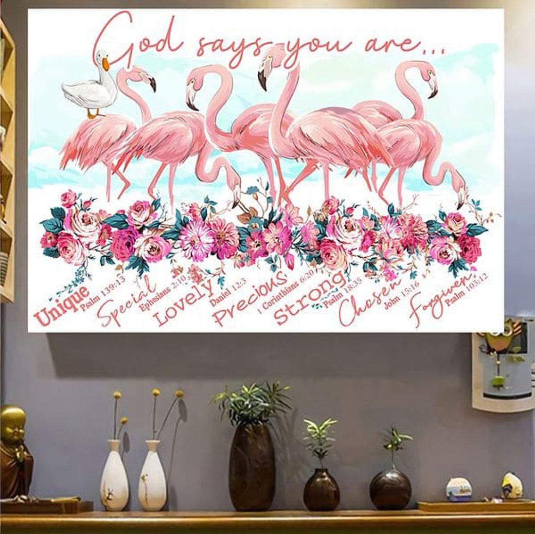 Flamingo Poster, Flamingo Lover, God Says You Are Lovely Precious Strong Special Poster and Canvas