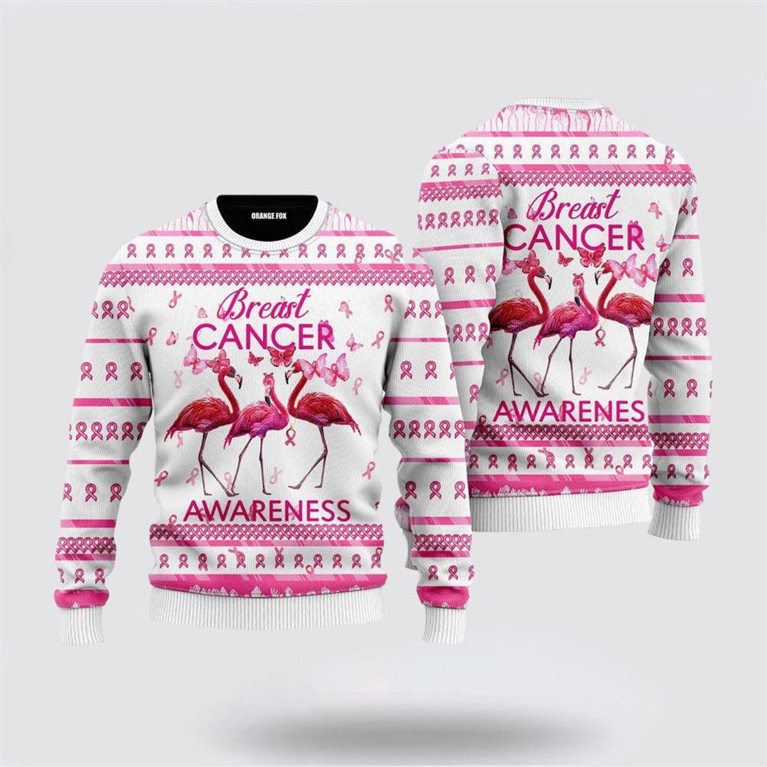 FUNSTUFFPRINT Flamingo Breast Cancer Awareness Ugly Christmas Sweater – Christmas Gifts For Frends Ugly  Sweater